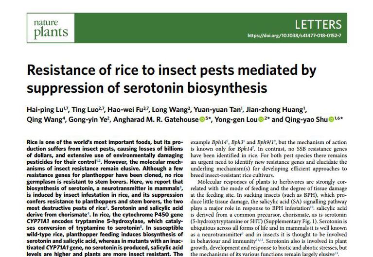 Nature Plants报道一种植物抗虫新机制： 降低5-羟色胺生物合成提高植物抗性